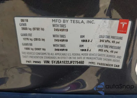 2018 Tesla Model S 100D/75D/P100D z USA, uszkodzony, nr VIN 5YJSA1E22JF275460